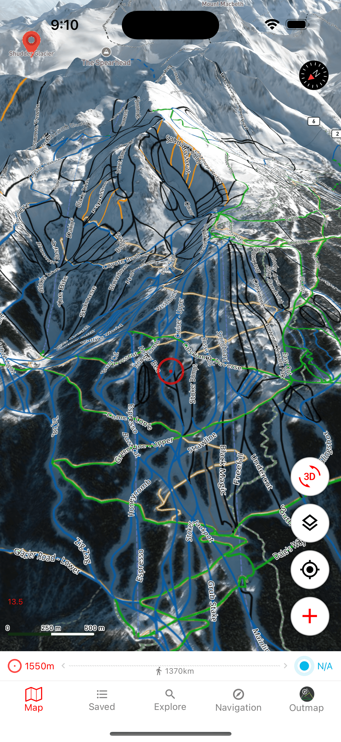 OUTMAP app showing 3D terrain analysis for backcountry skiing