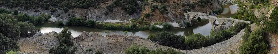 Greece — 20100923 Kompsatos Bridge Polyanthos Rhodope Thrace Greece Panorama
