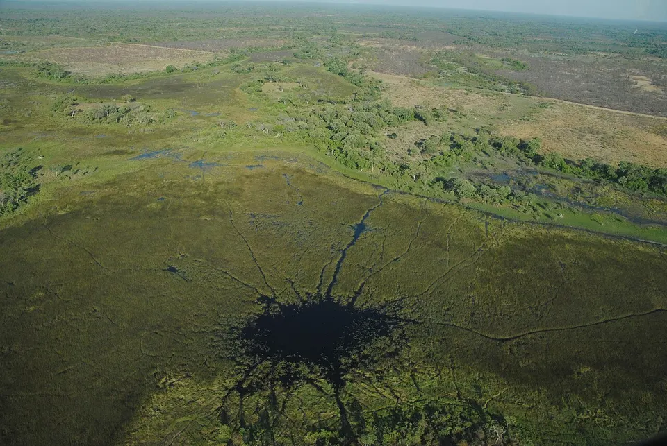 Aerial view of wetlands and savanna — North-West District, Botswana