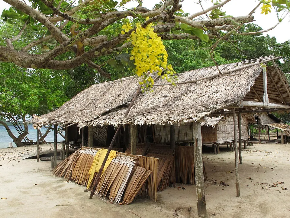 A village house with a new Sago palm leaf roof ready to be installed, Nughu Island, Central Province (10664080205) — Central, Solomon Islands