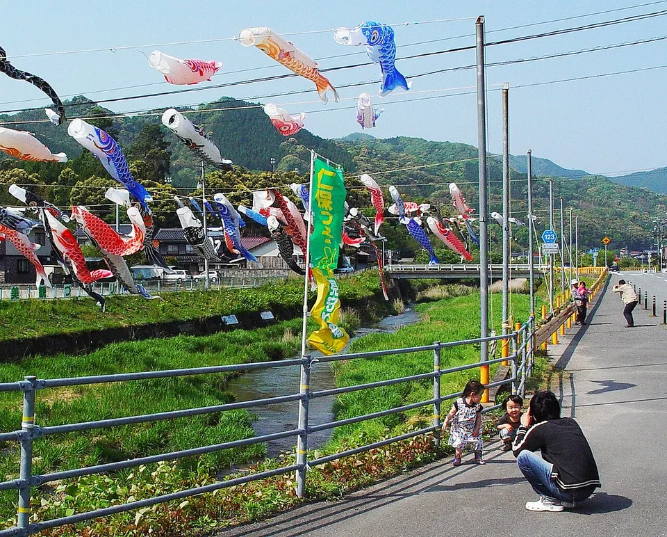Riverside walking path and seasonal decorations — Yamaguchi, Japan