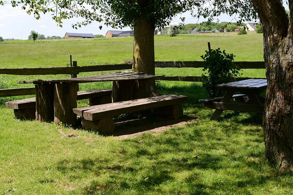 Picnic area beside green fields — Canton Grevenmacher, Luxembourg