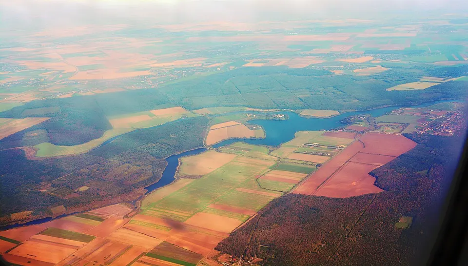 Aerial photograph looking NE toward Lacul Căldărușani, Romania — ILFOV, Romania