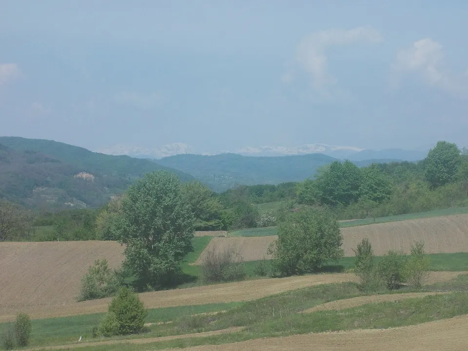 Farmland and rolling wooded hills — VALCEA, Romania