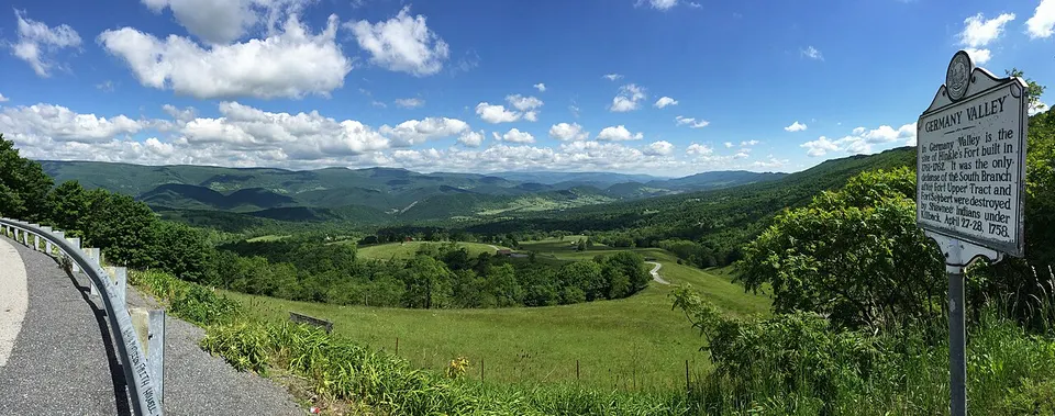2016-06-06 10 46 45 "Germany Valley" historical marker and view from the Germany Valley Overlook on U.S. Route 33 (Mountaineer Drive) on the western slopes of North Fork Mountain near Monkeytown, Pendleton County, West Virginia — Pendleton, United States