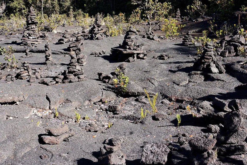 Lava rock cairns at Kiluea Iki volcano crater — Hawaii, United States
