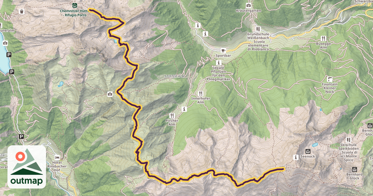 Map of Kellerbauer Weg Chemnitzer Hütte - Speikboden - Alta Via Kellerbauer Rifugio Porro - Monte Spico