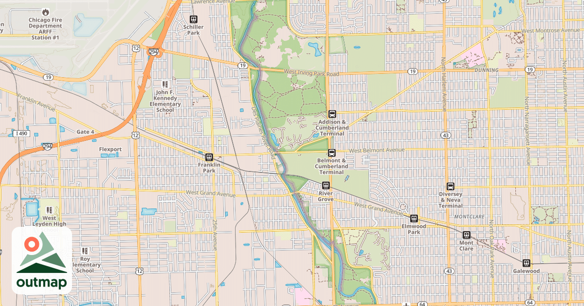 Map of Des Plaines River Trail Yellow Unpaved