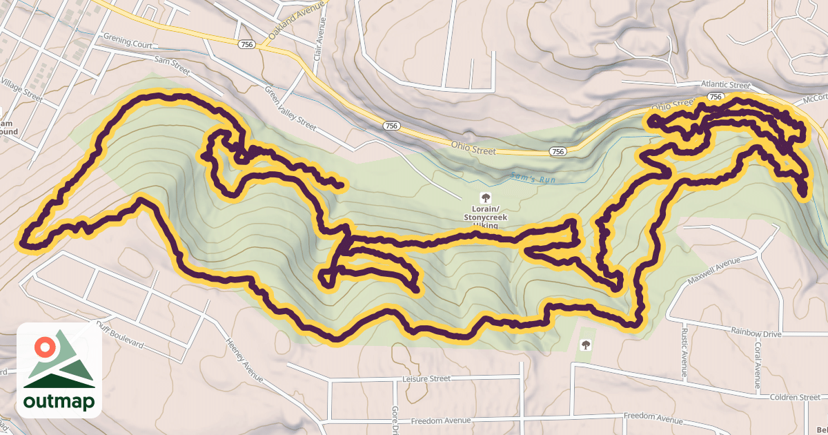 Map of Map of the Earth Trail is our most advanced trail and it is blazed in yellow. Hiking boots and pole are recommended. The trail is 4.8 miles and creates a loop which splits about .25 miles into the trail.