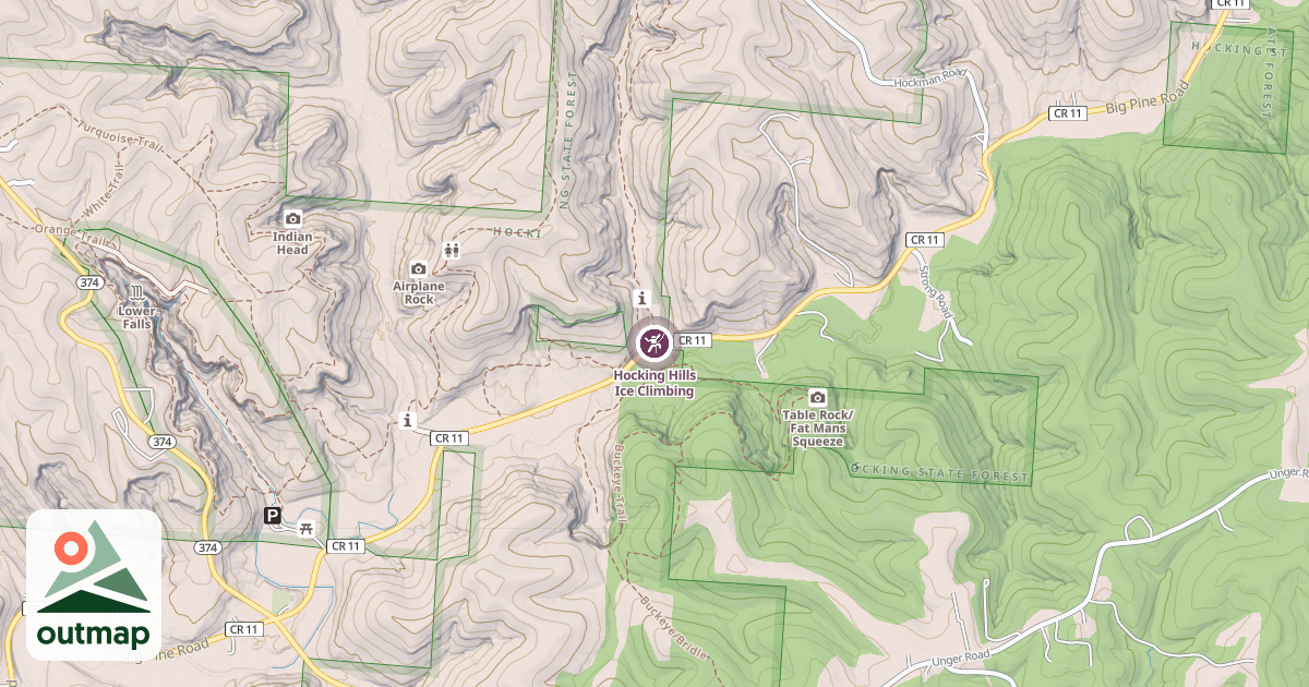 Map of Hocking Hills Ice Climbing