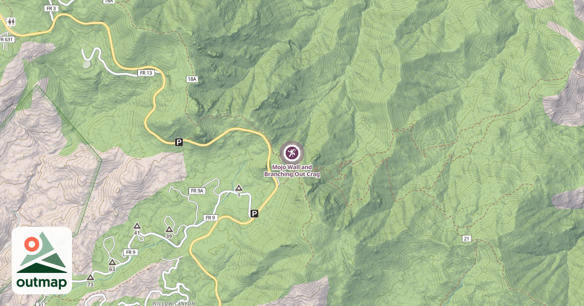 Map of Mojo Wall and Branching Out Crag