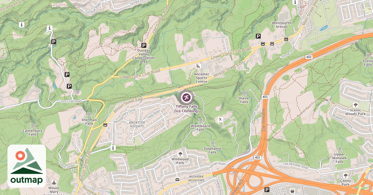 Map of Tiffany Falls (Ice Climbing)