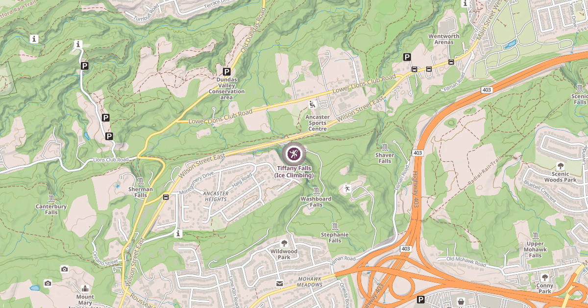 Map preview of Tiffany Falls (Ice Climbing)