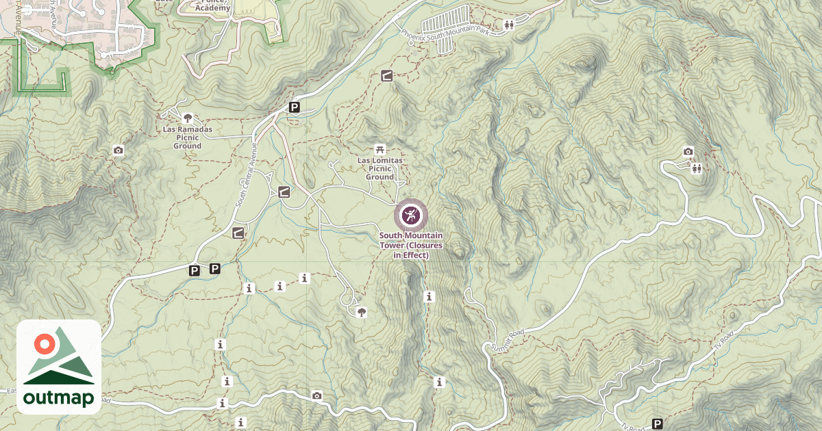 Map of South Mountain Tower (Closures in Effect)