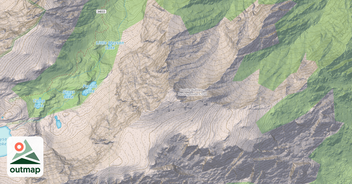Map of Bastille Buttress - Beckey Route