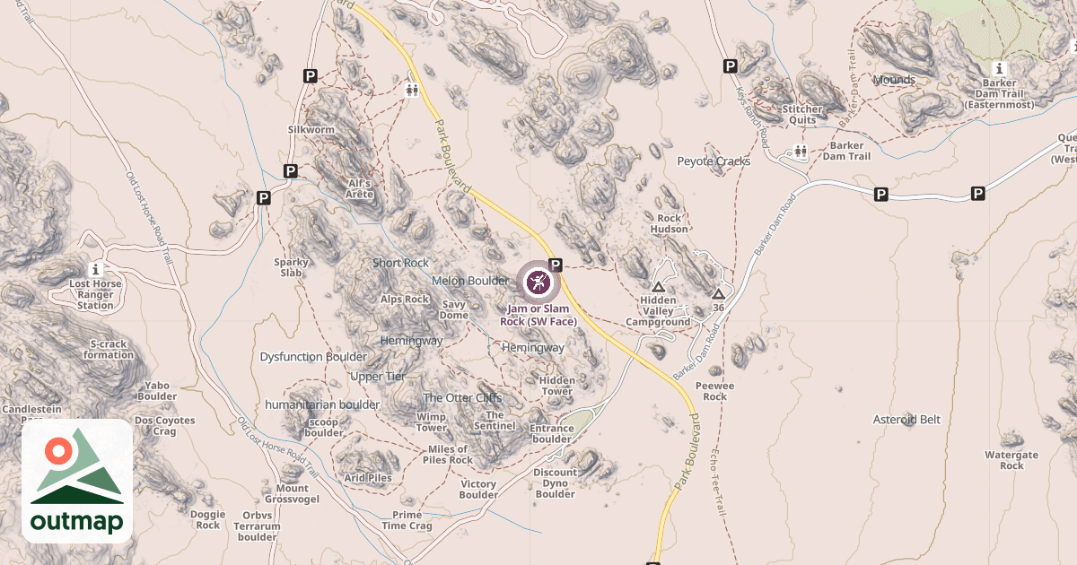 Map of Jam or Slam Rock (SW Face)