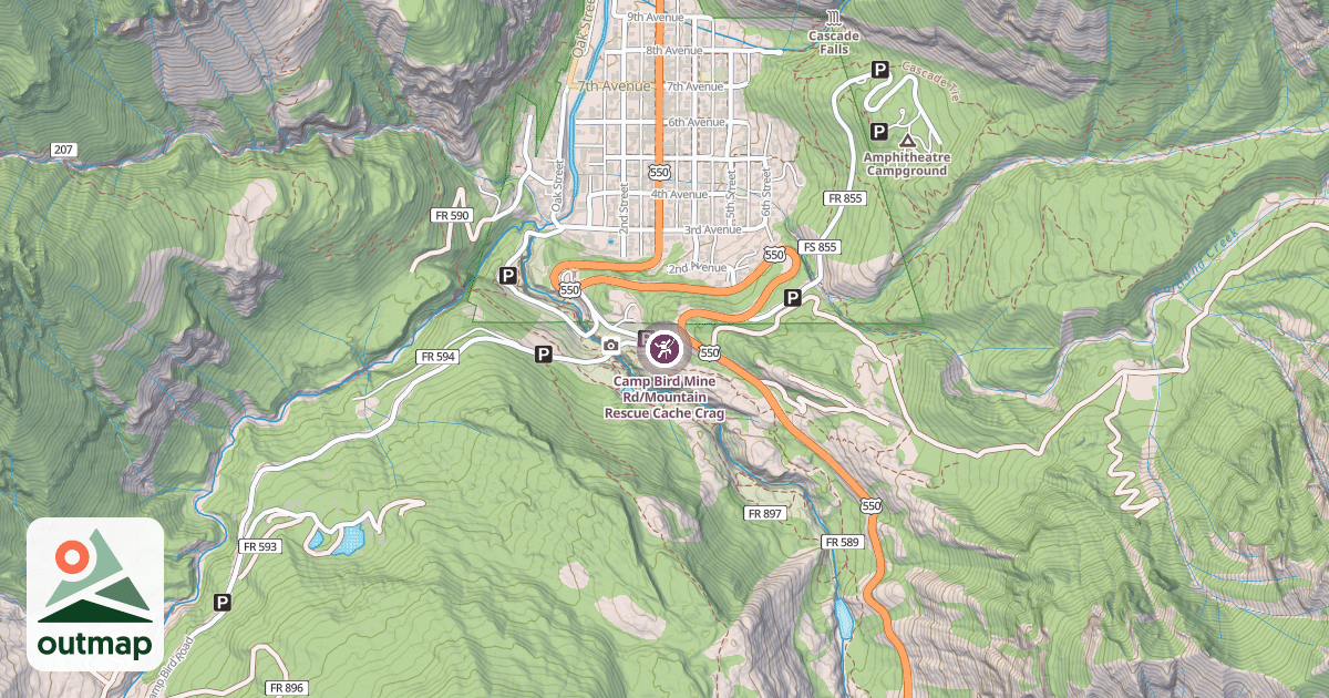 Map of Camp Bird Mine Rd/Mountain Rescue Cache Crag