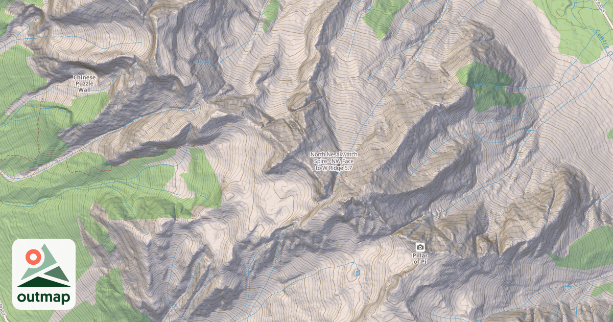 Map of North Nesakwatch Spire - NW Face to W Ridge