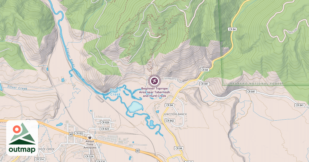 Map of Beginner Toprope Area near Tabernash and Hurd Creek