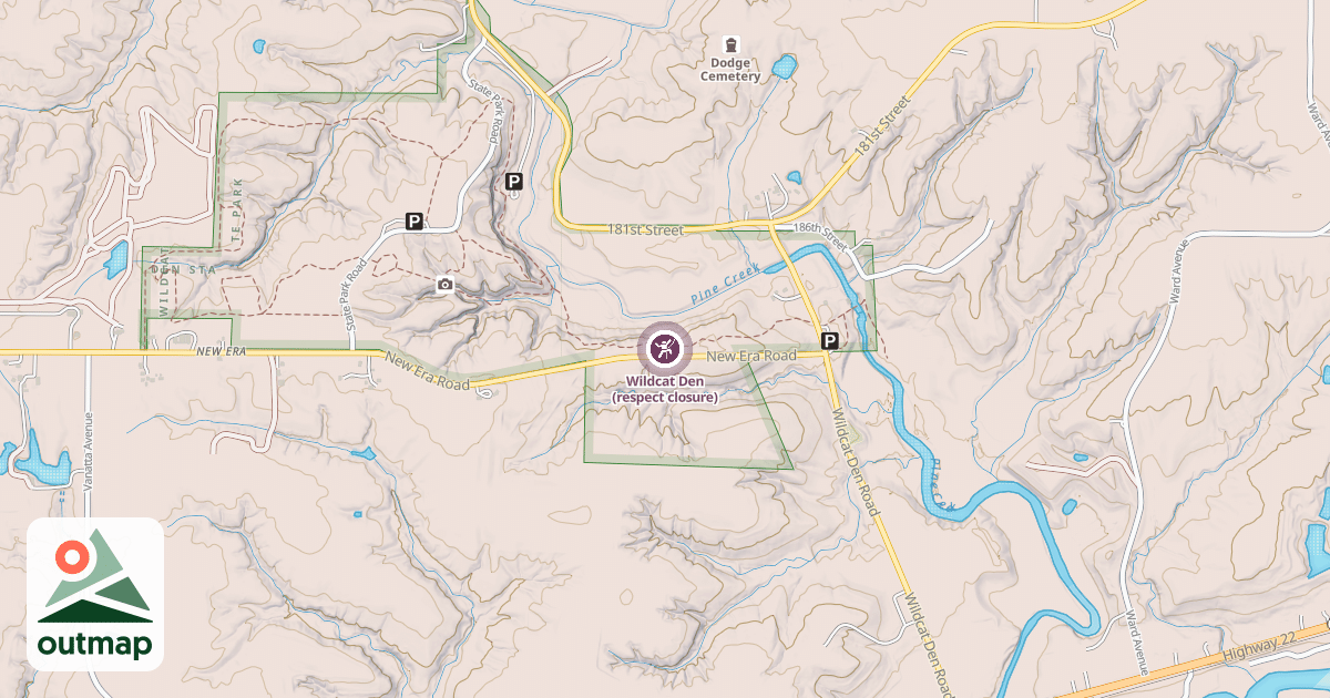 Map of Wildcat Den (respect closure) in Muscatine