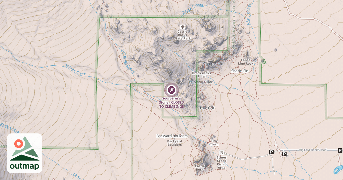 Map of Sourcerer's Stone - CLOSED TO CLIMBING!!