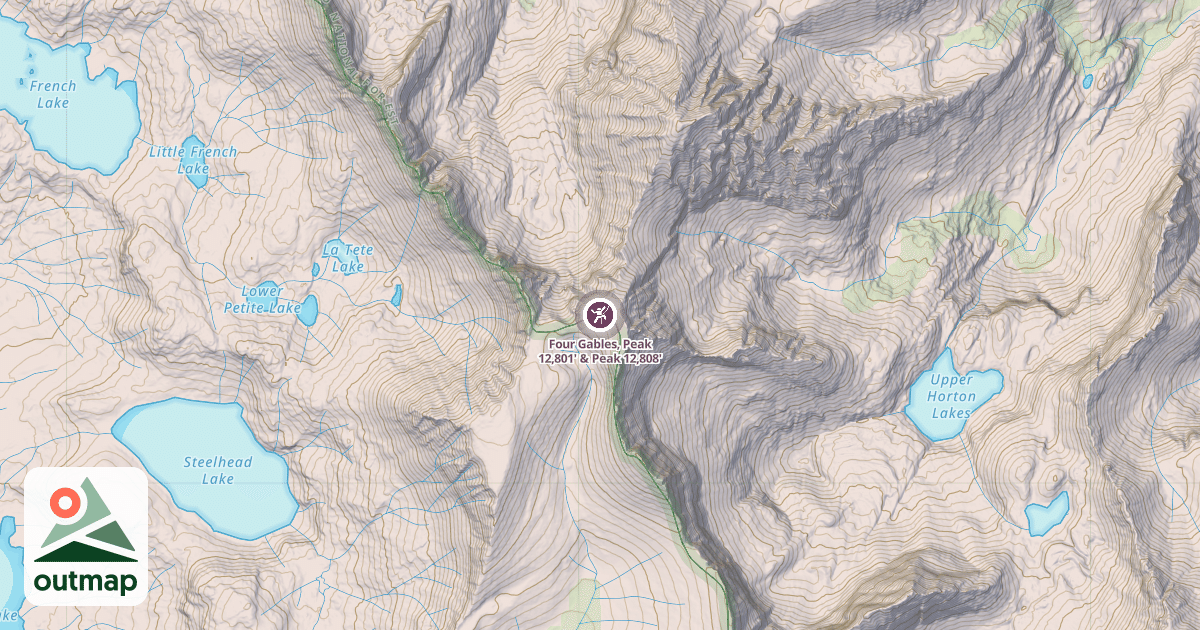 Map of Four Gables, Peak 12,801' & Peak 12,808'