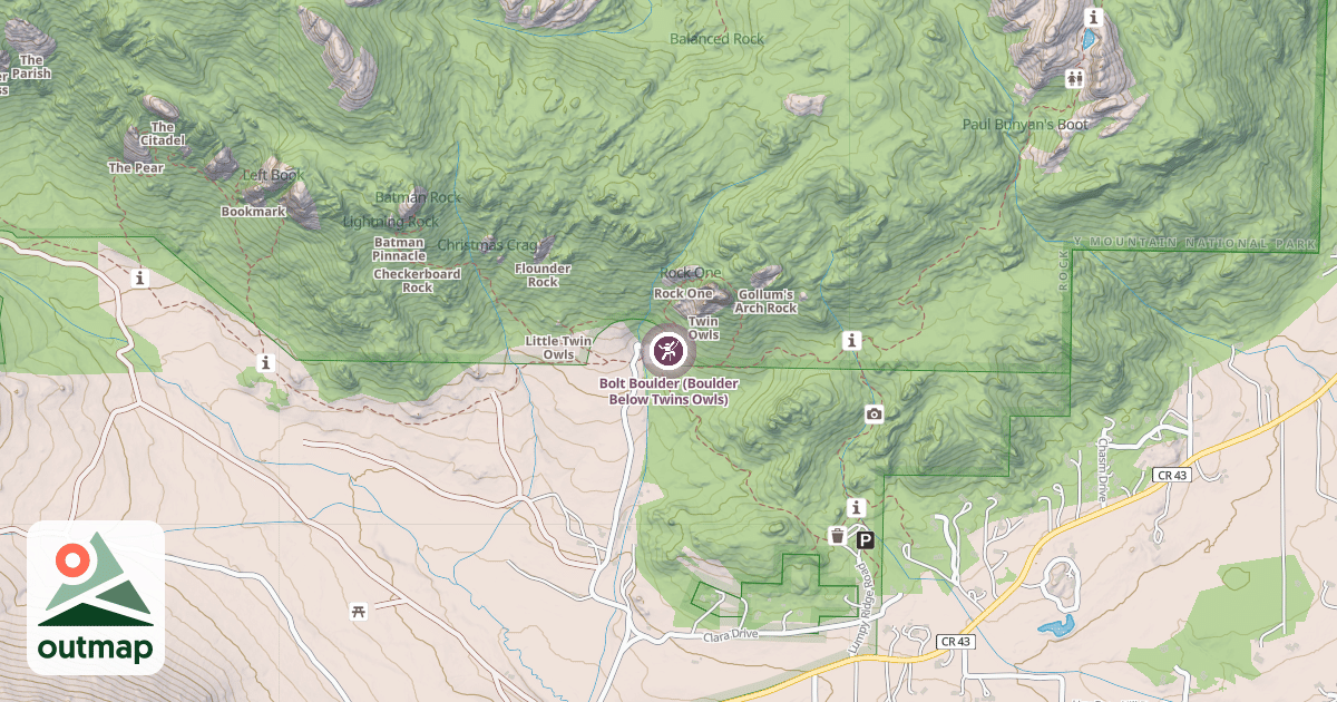 Map of Bolt Boulder (Boulder Below Twins Owls)